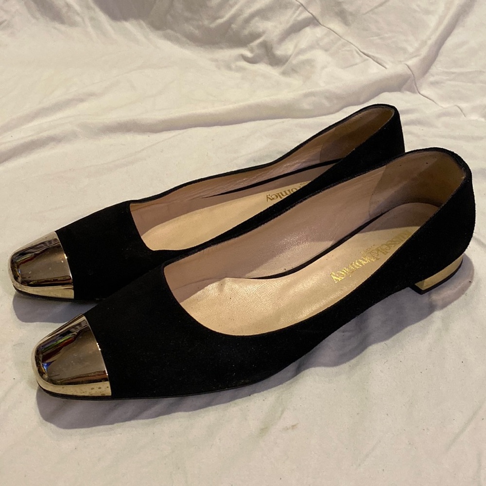 Vintage Russell & Bromley Black Suede with Gold Toe and Low Heel Flats